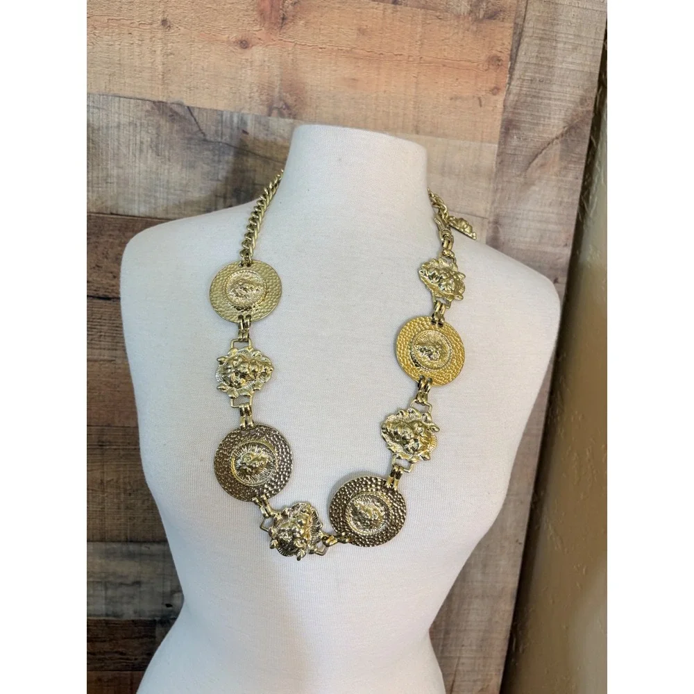 Vintage Gold Tone Lion Head Medallion Chain Belt Necklace Hammered Coin  36in